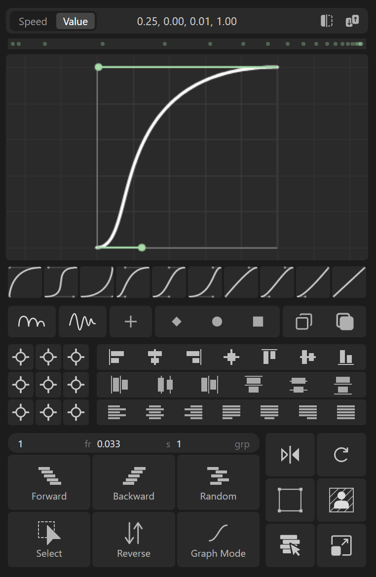The Matrix Flow panel docked in After Effects — easing graph, presets, anchor, align and stagger tools